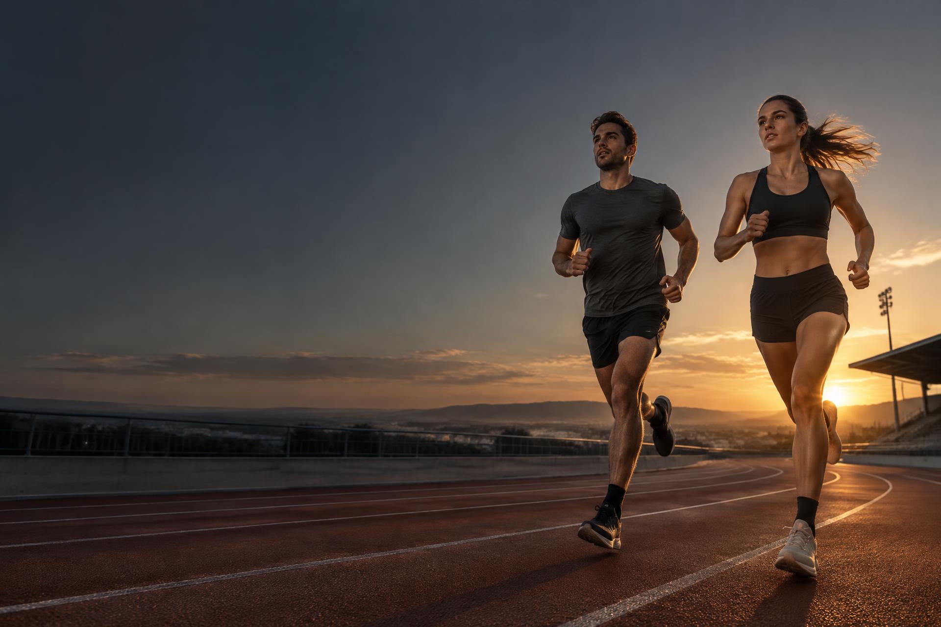 A woman and man training on a running track at sunrise